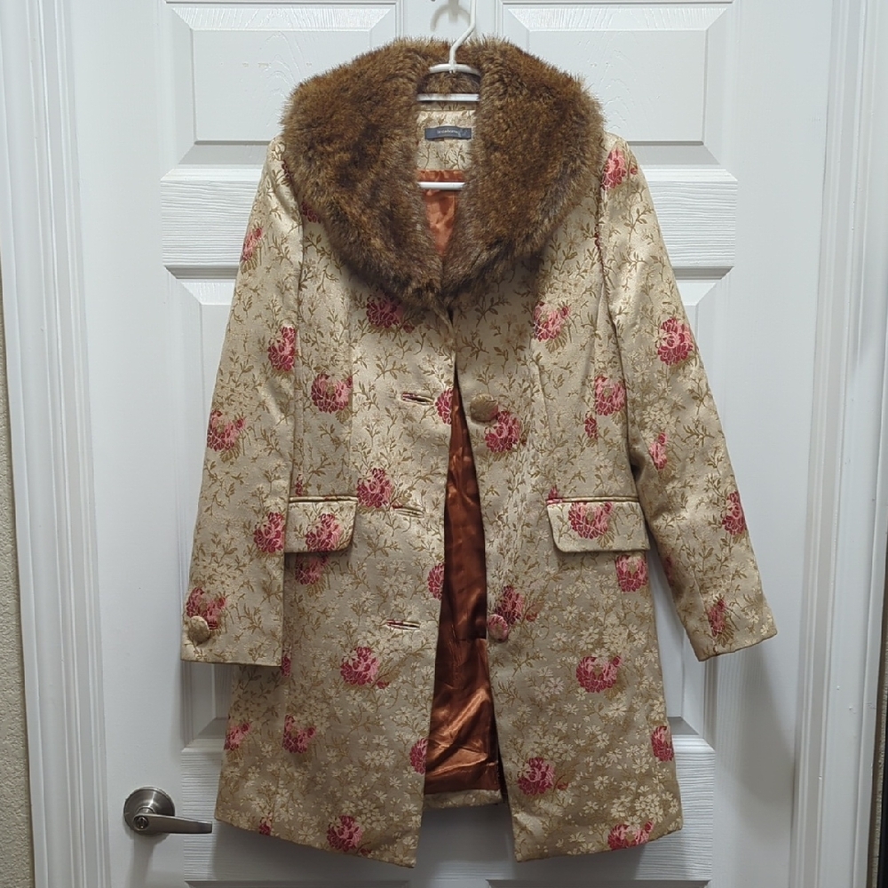 Liz Claiborne Floral Brocade Coat Faux Fur Collar 10